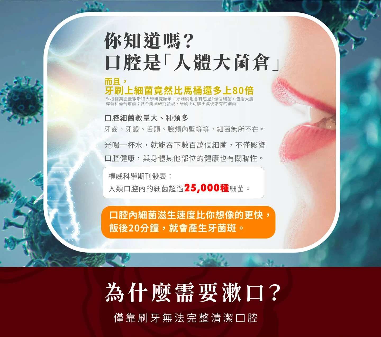 口腔細菌比馬桶多80倍,牙齒、牙齦、舌頭，細菌無所不在，口腔內細菌滋生速度比想像更快，飯後20分鐘就會產生牙菌班，