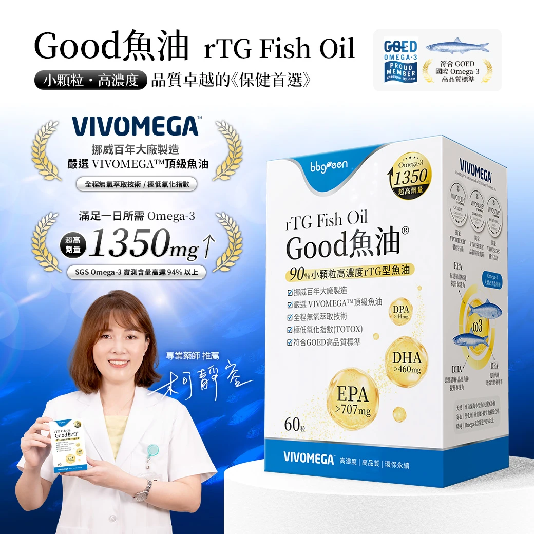 高濃度魚油,小顆粒好吞嚥,omega3含量高於94％,挪威百年大廠製造,嚴選VIVOMEGA頂級魚油,rTG型魚油,全新升級,品質卓越,符合GOED國際高品質標準