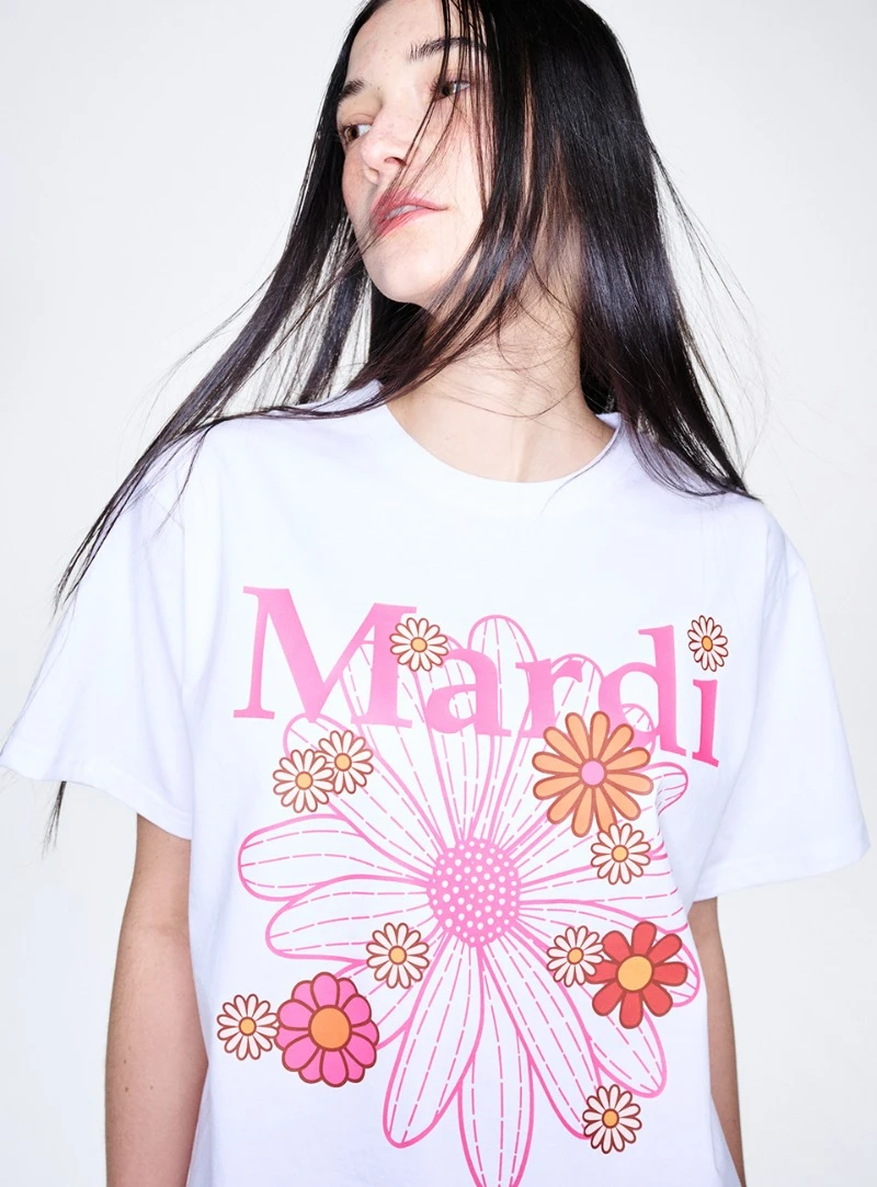 MARDI MERCREDI-小雛菊短袖T恤-白底/繽紛粉紅花