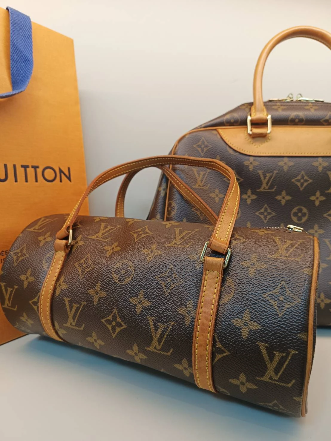 LV 二手經典老花Papillon 圓筒包