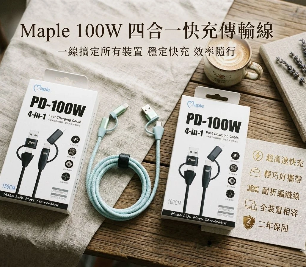 Maple 100W四合一快充傳輸線(五色可選)