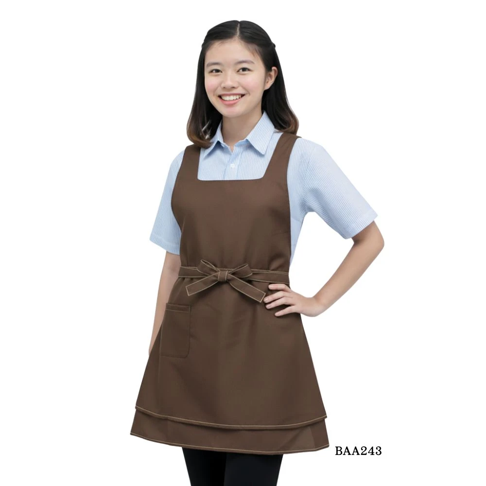 DNT 團體服 連身圍裙 BAA243｜MIT 台灣製造，咖啡色方領款，腰部蝴蝶結與滾邊層次