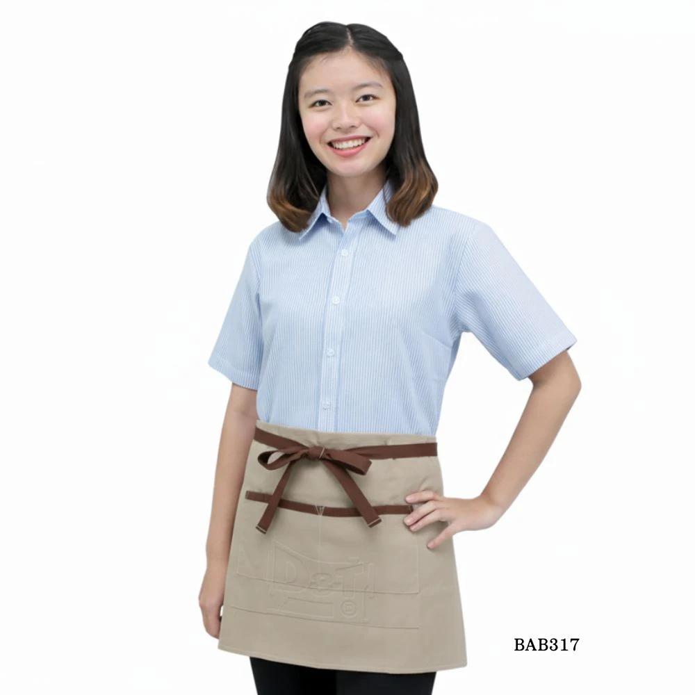 DNT 團體服 半身圍裙 BAB317｜MIT 台灣製造，米色搭咖啡滾邊與雙綁帶設計，餐飲制服