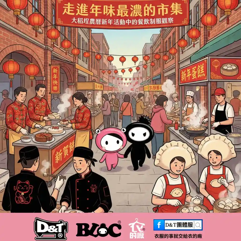 大稻埕農曆新年市集中餐飲攤位與制服穿著插畫場景