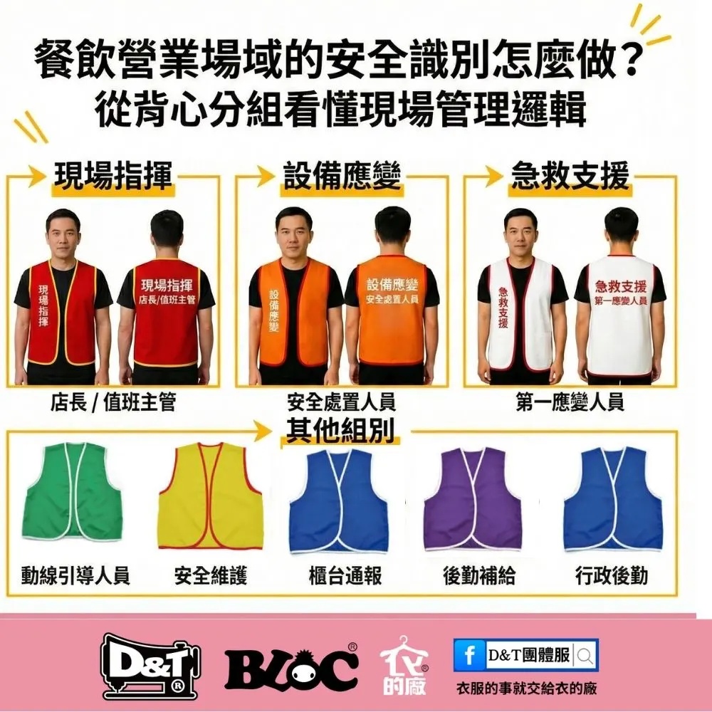 餐飲營業場域安全識別背心分組示意圖，包含現場指揮、設備應變、急救支援與後勤角色配置