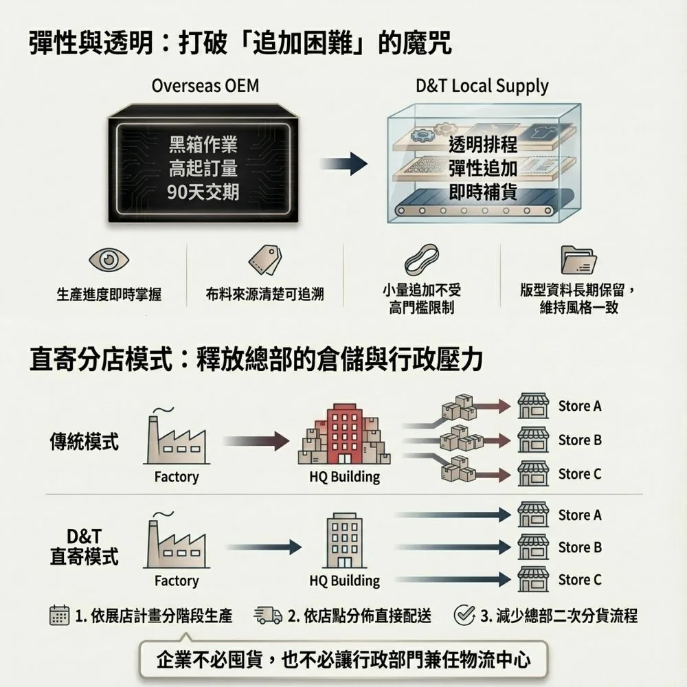 D&T 直寄分店模式與傳統模式對比：透明排程、彈性追加、減少總部倉儲與行政壓力，打破追加困難魔咒。
