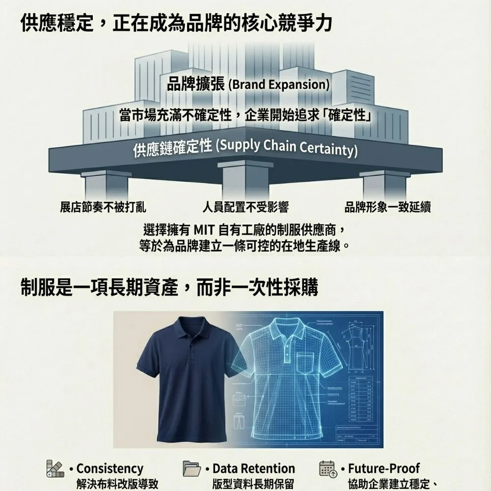 供應鏈確定性成為品牌核心競爭力：選擇 MIT 自有工廠制服供應商，確保展店節奏與品牌形象一致。