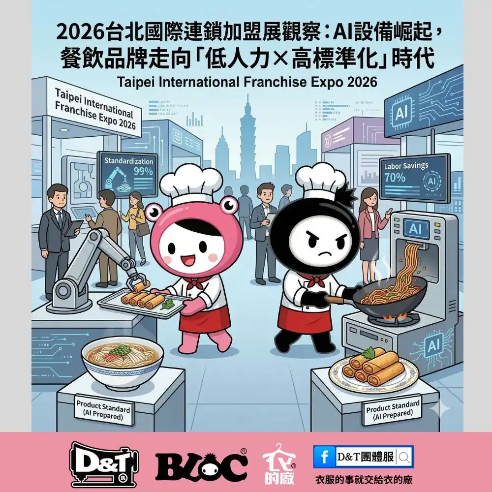 2026台北國際連鎖加盟展AI餐飲趨勢，展示餐飲品牌透過餐飲制服標準化與自動化設備提升營運效率