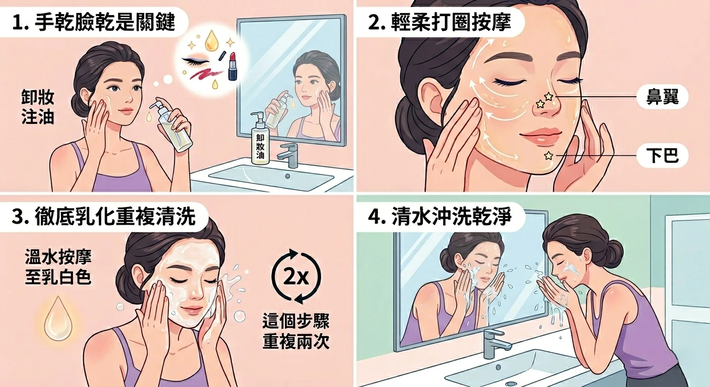 卸妝油正確乳化步驟示範圖
