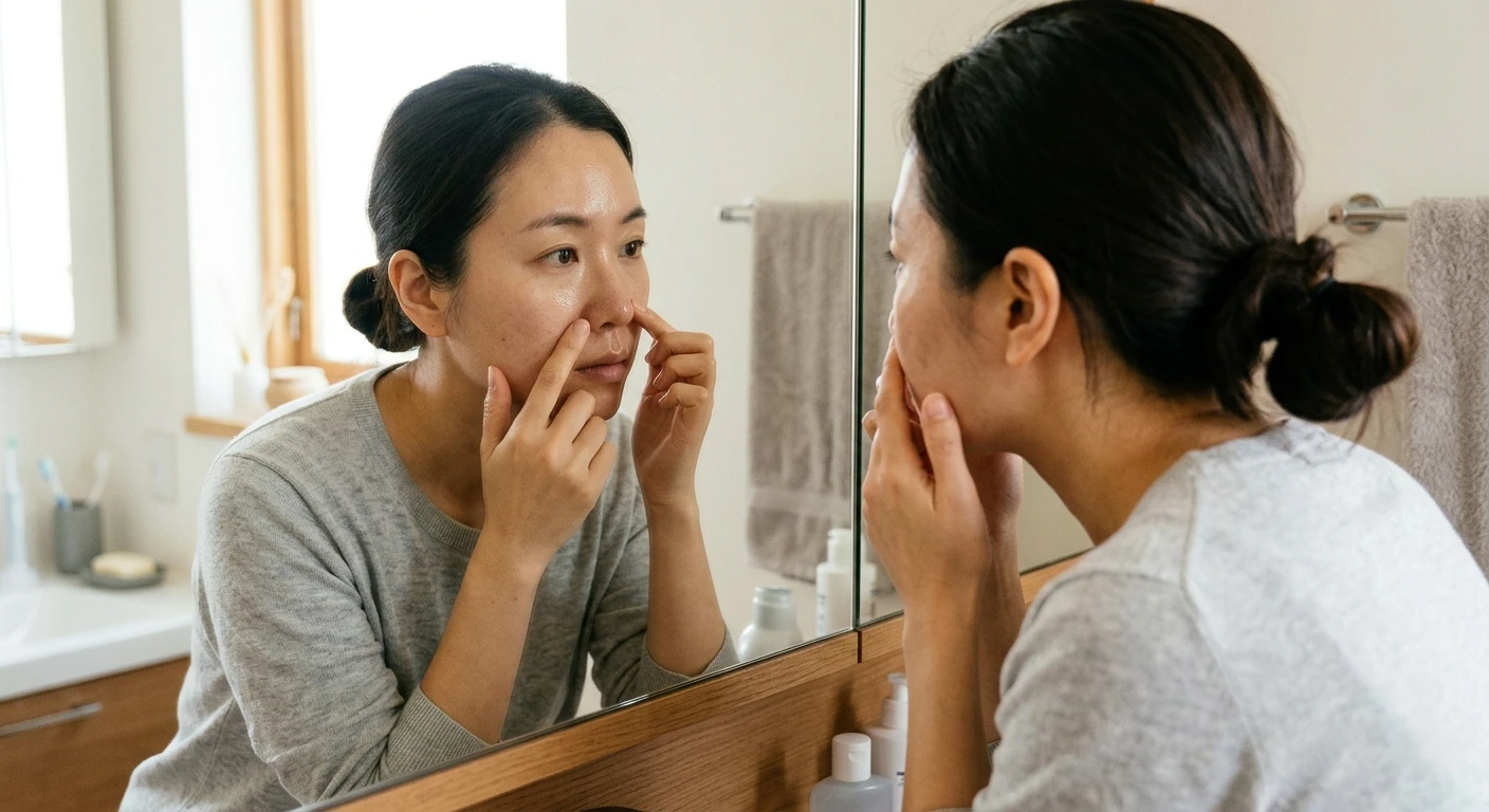 女人正在鏡子前進行膚質檢測
