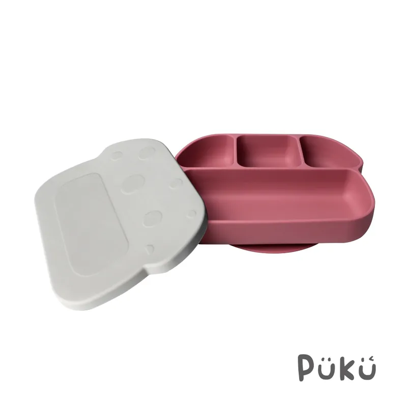 PUKU 鉑金矽膠附蓋吸盤分隔餐盤-三色