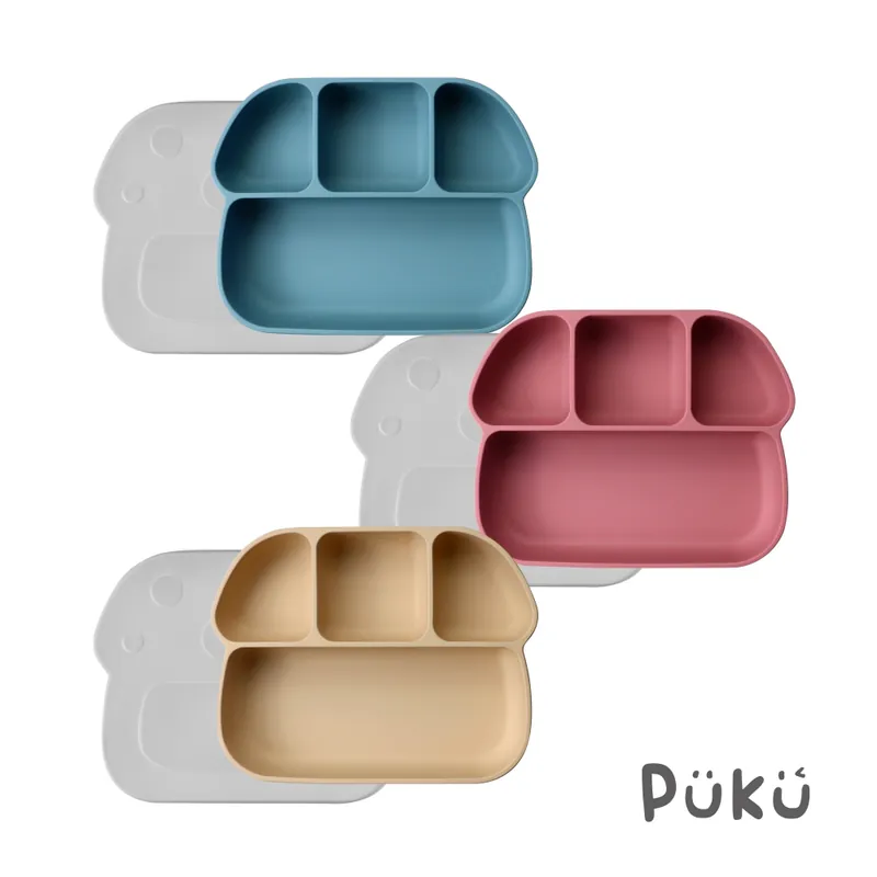 PUKU 鉑金矽膠附蓋吸盤分隔餐盤-三色