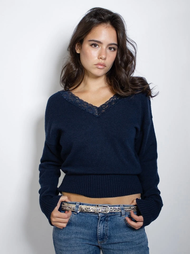 v-neck sweater with lace trim