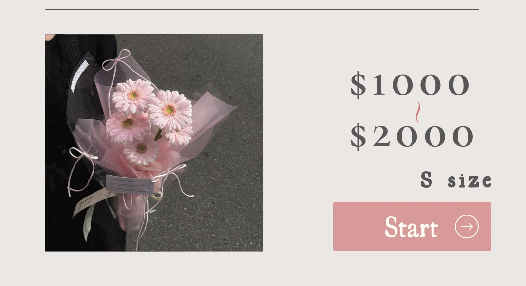 原點花藝花束尺寸比較 S size，1,000 到 2,000 元非洲菊小花束，身高 150 公分單手捧