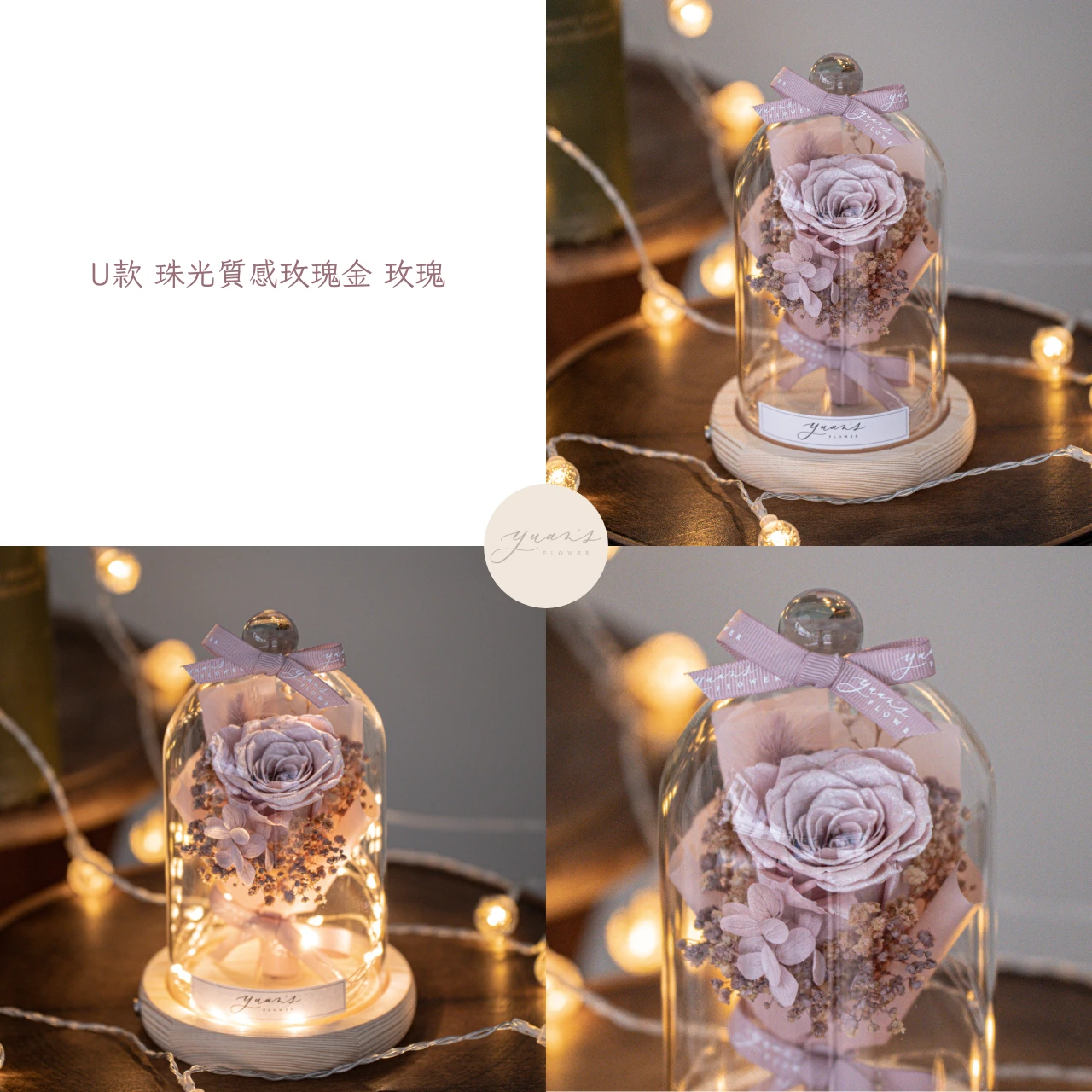 珠光質感玫瑰金永生花小夜燈 花色與亮燈參考