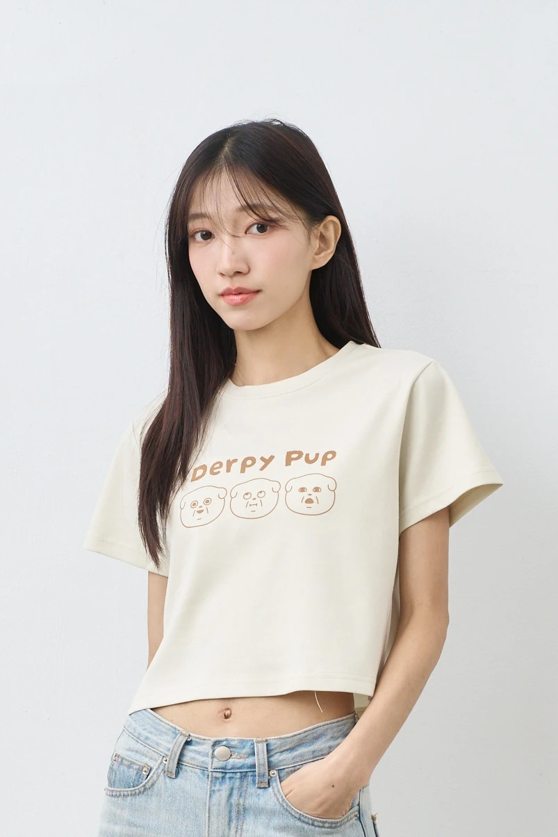 醜嫩狗勾-線條狗  女短版雲朵TEE