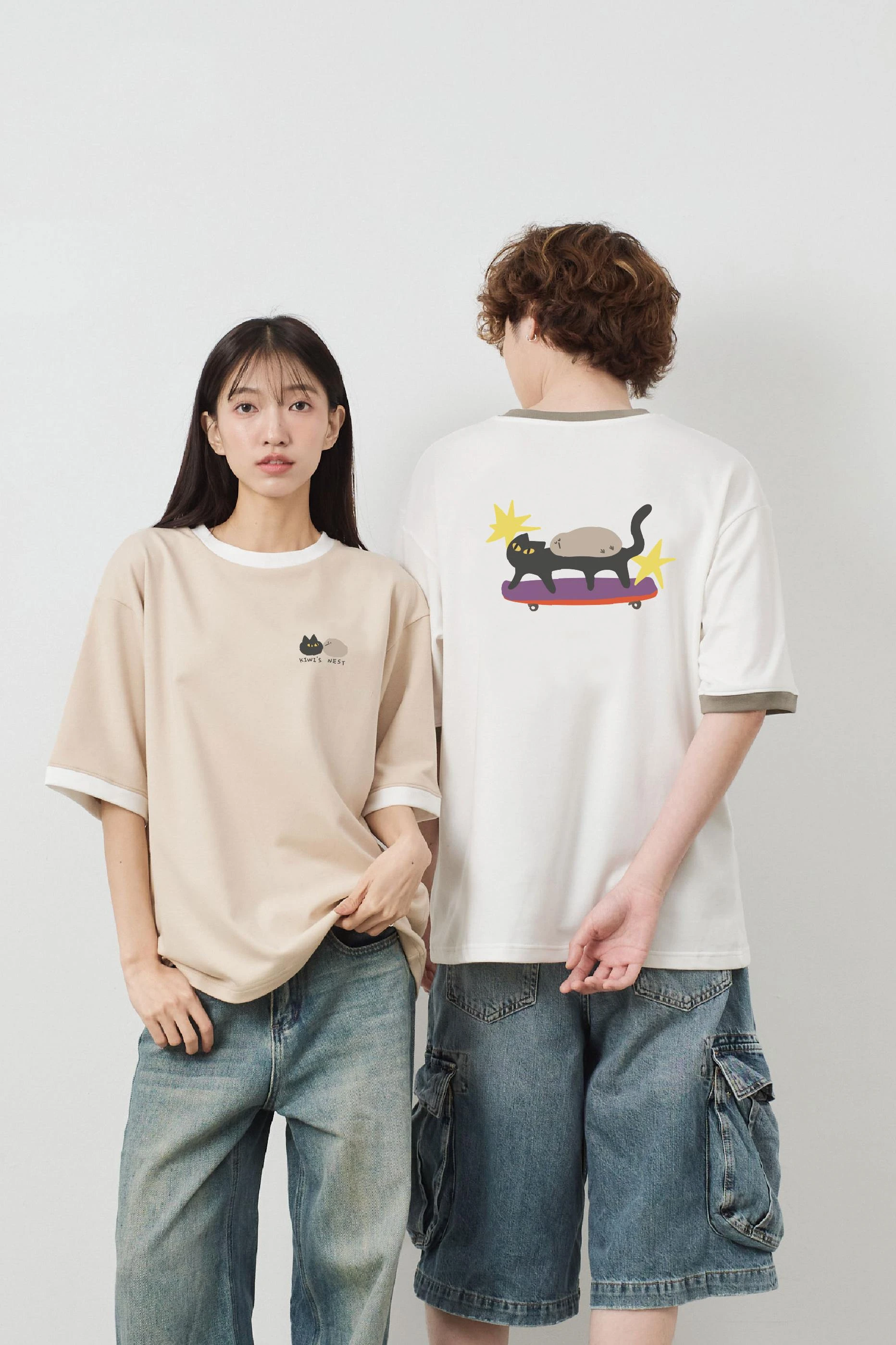 滑板黑貓與鳥 跳色空氣TEE