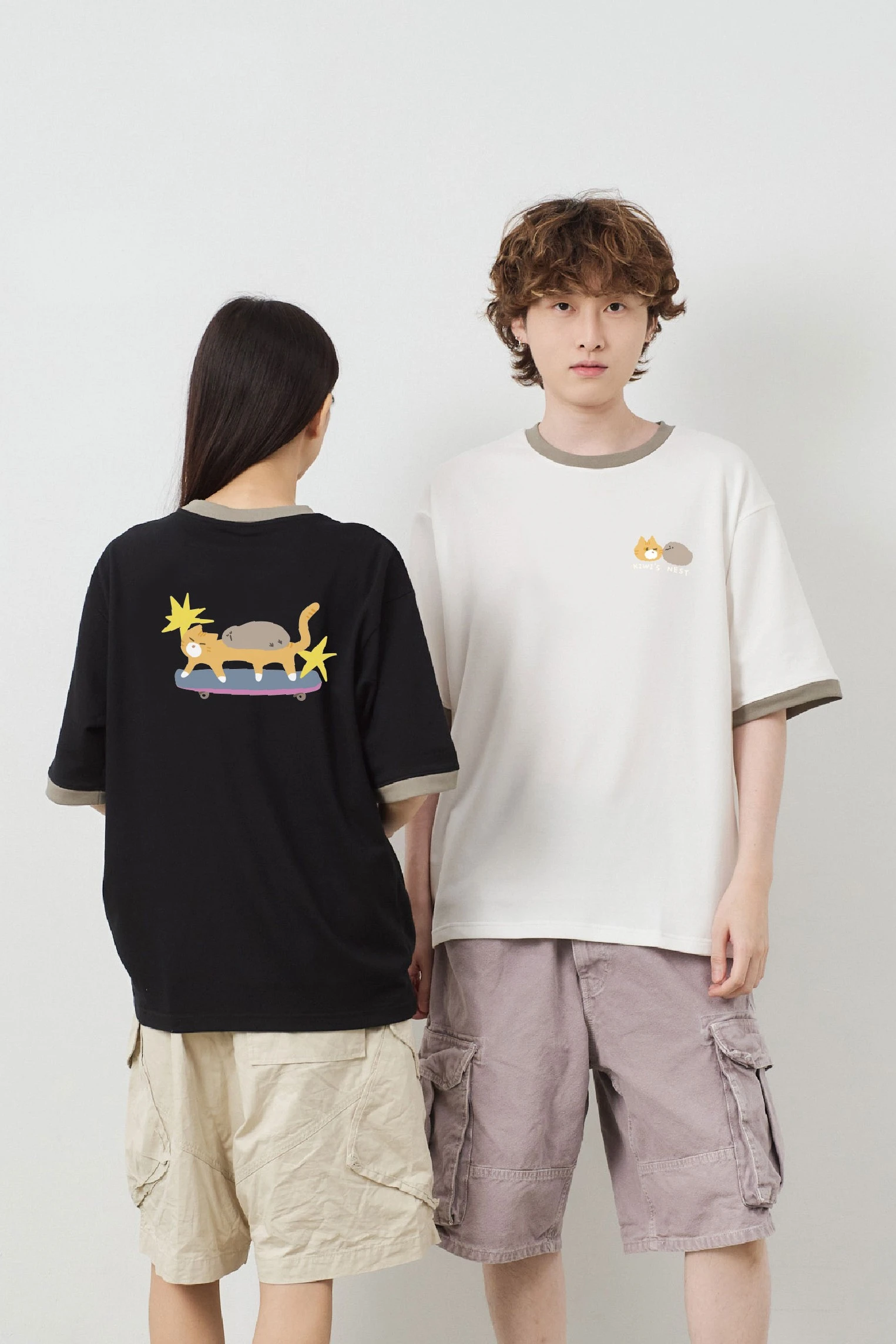 滑板橘貓與鳥 跳色空氣TEE