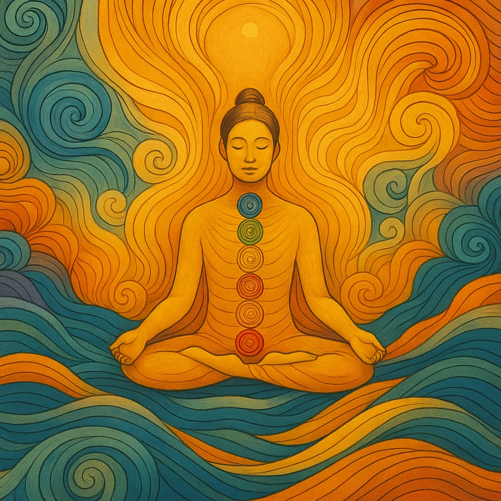 一位盤腿靜坐的女性人物,身體中央對應七個脈輪顏色,周圍環繞著流動的橙藍能量線條,象徵氣場的變化與能量場的共振,呼應脈輪平衡、業力釋放與命運轉化的主題。