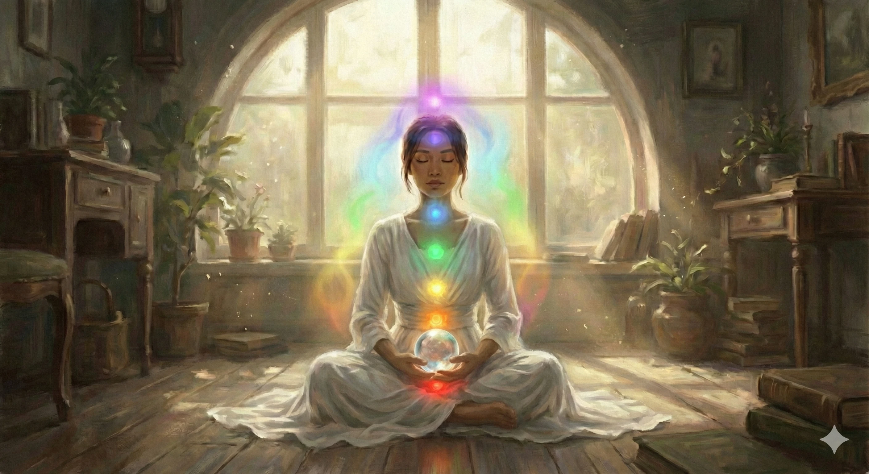 一位靜坐冥想中的女性,雙手放在心輪位置,身上散發光暈,象徵顯化力量從身體啟動。