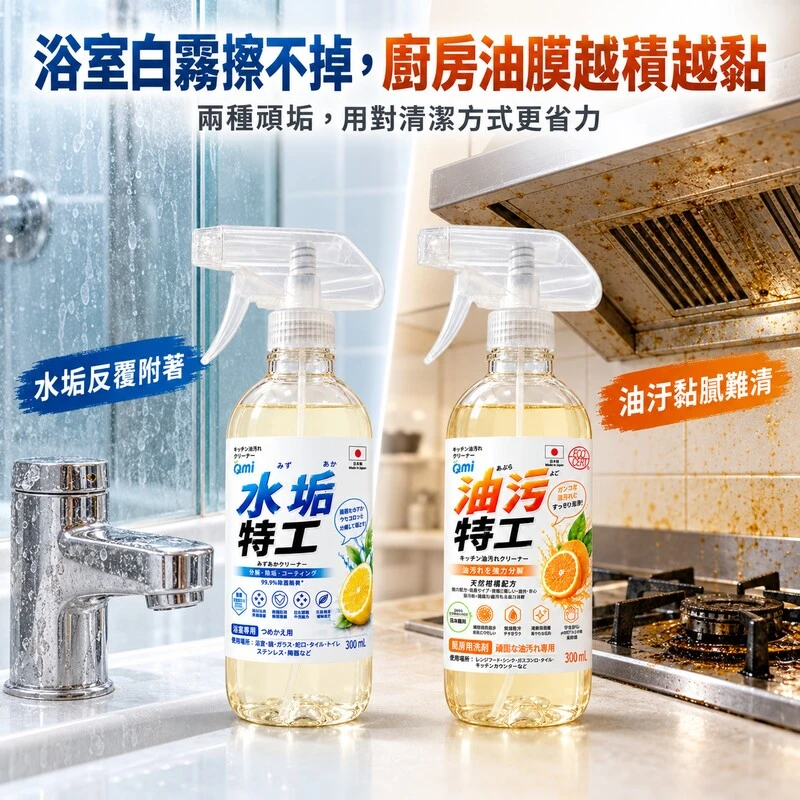 QMI 水垢特工＋油垢特工 雙效組300ml×2｜浴室水垢廚房油污一組搞定