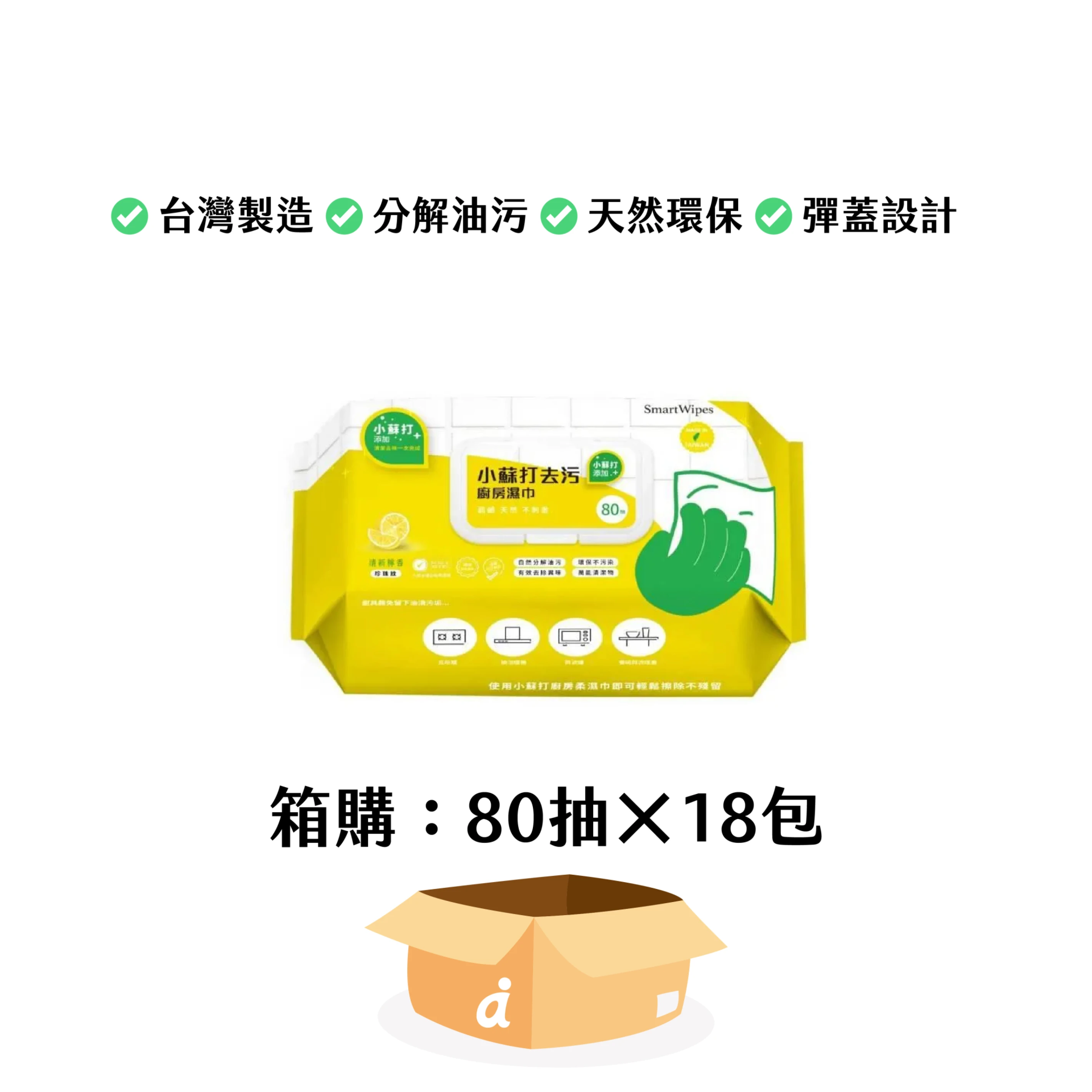 (箱購免運) )SmartWipes 小蘇打去污廚房濕紙巾 (有蓋) / 台灣製 / 80抽x18包