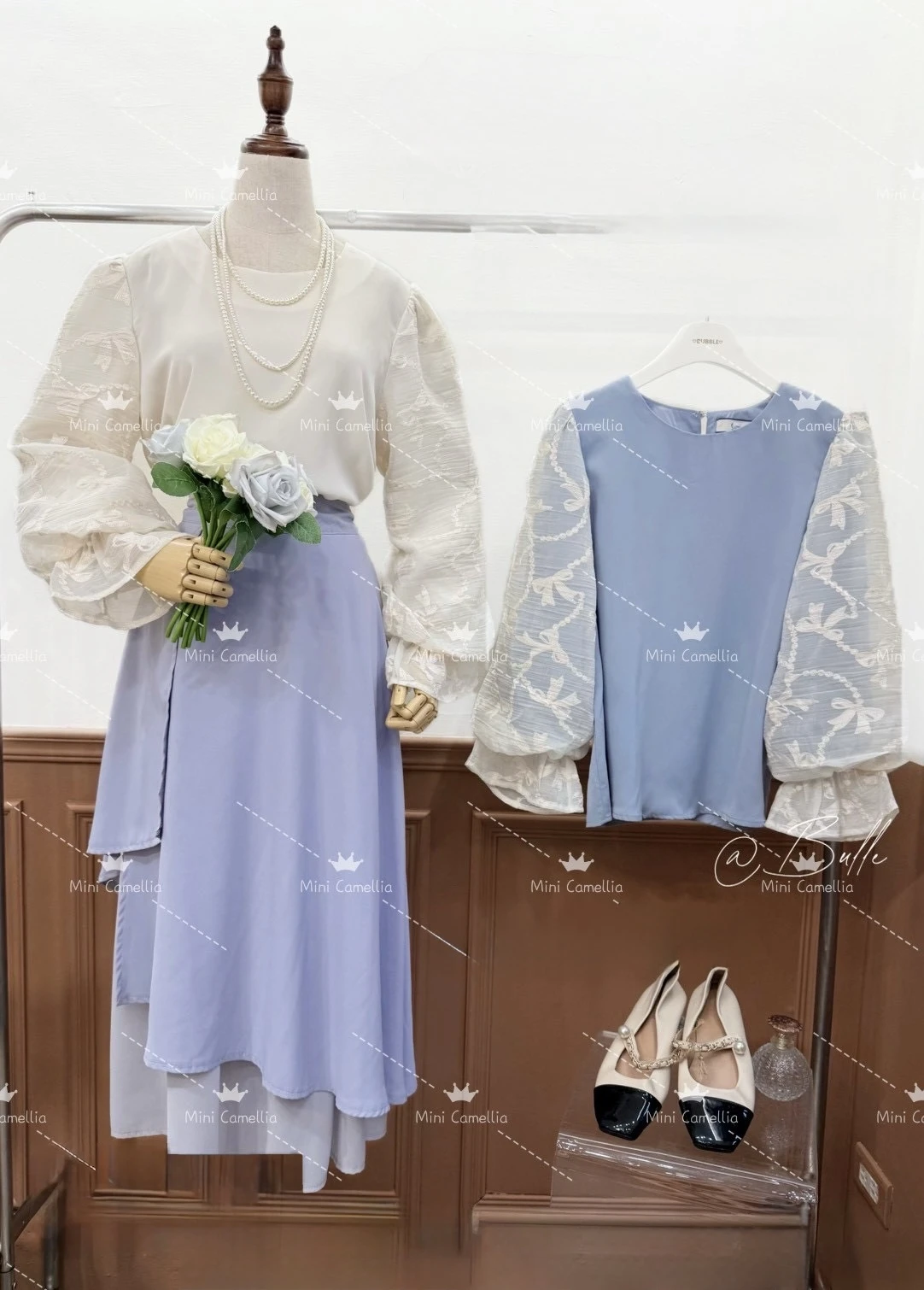 【泡泡家】刺繡蝴蝶結造型雪紡上衣 (杏/藍) #68802