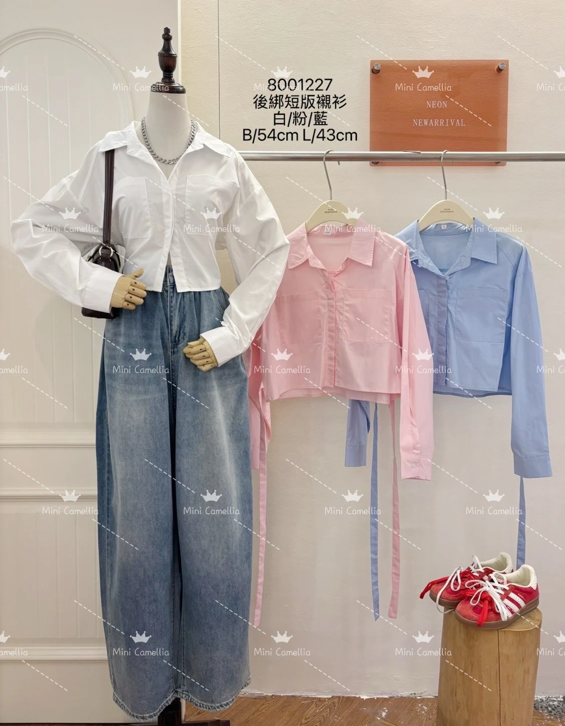 【洋洋家】素款後綁帶短版襯衫 (白/粉/藍) #8001227