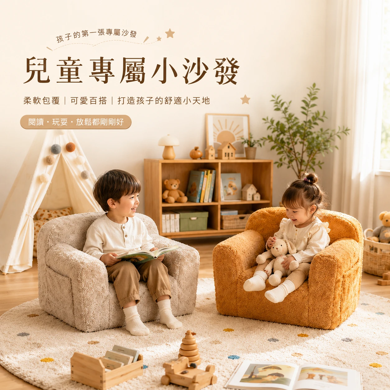 【安全防撞免組裝】兒童單人壓縮沙發 捲包小沙發｜無硬角安全設計｜繪本閱讀／遊戲角落首選 (高回彈防陷泡棉／親膚好擦拭)@MI