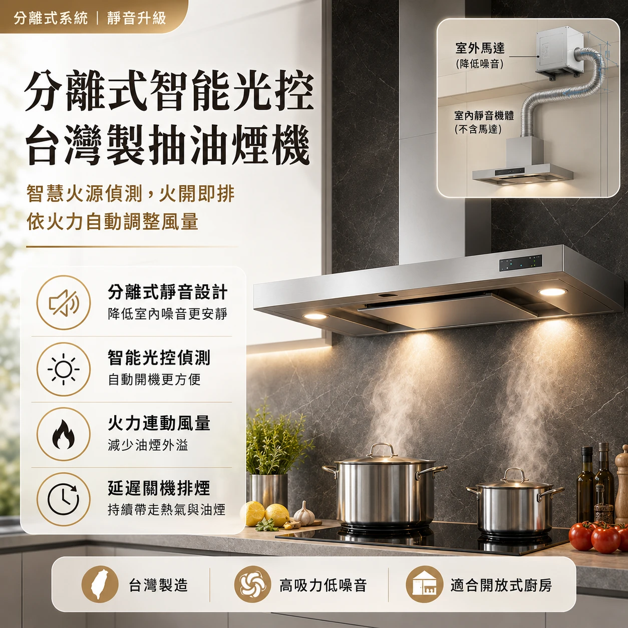 【凱文哥】分離式二代抽油煙機｜全機升級304不銹鋼 × IP68防水接頭｜抗腐蝕ABS風管環 (馬達室外化極致靜音／台灣製造@YIN