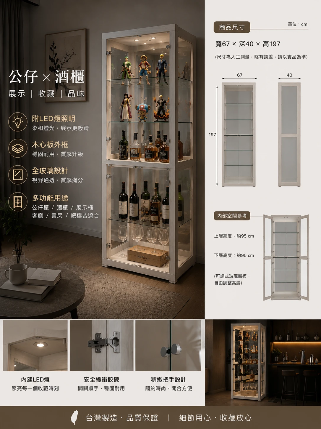 【凱文哥•免安裝 整組到府定位】台灣製造 木心板LED燈光公仔展示櫃｜全透光玻璃模型櫃｜防塵大容量精品鋼彈樂高收納櫃 (內置沉浸式氛圍燈／加厚高承重超穩固)@MI