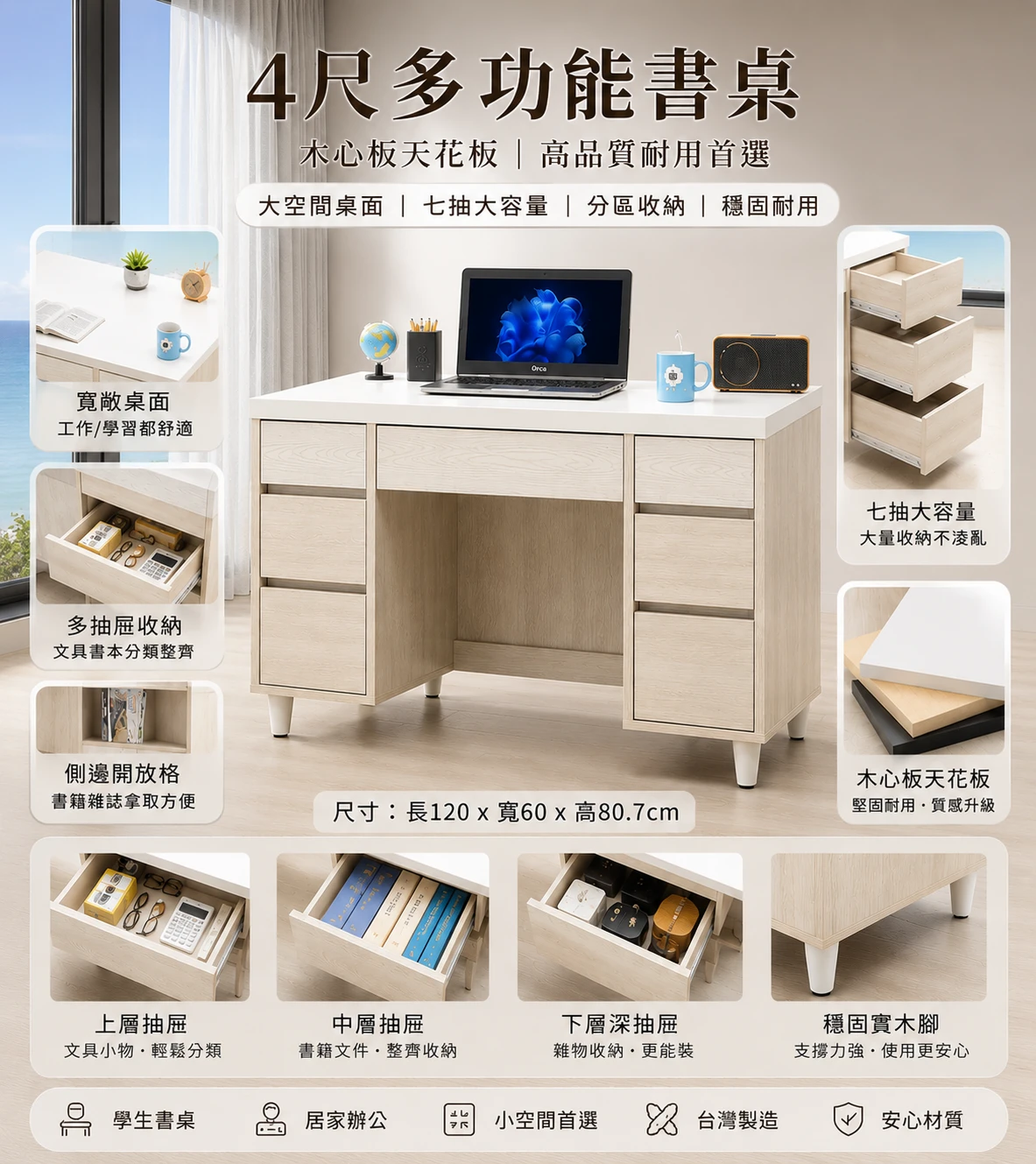 【凱文哥•免安裝 整組到府定位】4尺木心板界的天花板書桌@MI