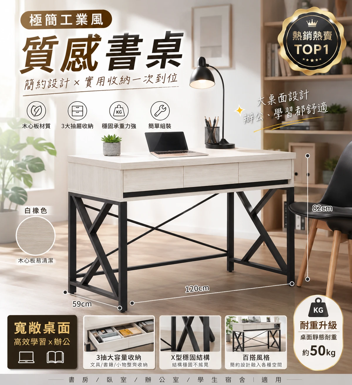 【凱文哥•免安裝 整組到府定位】北歐工業風三抽書桌｜120cm 大桌面@MI