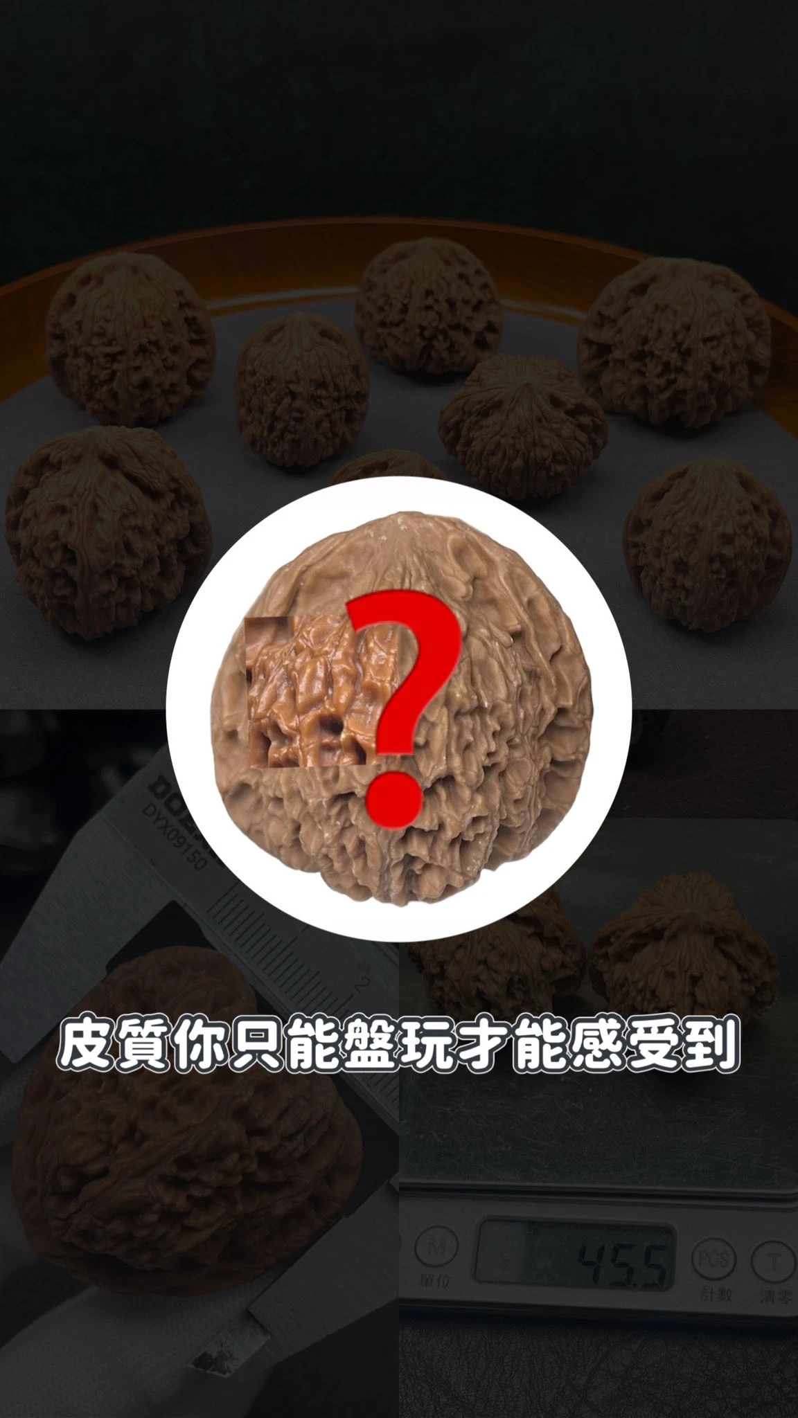 你看得出來核桃的樁型高矮胖瘦，量得出克重、三圍尺寸，但你……看得出來皮質好不好嗎？