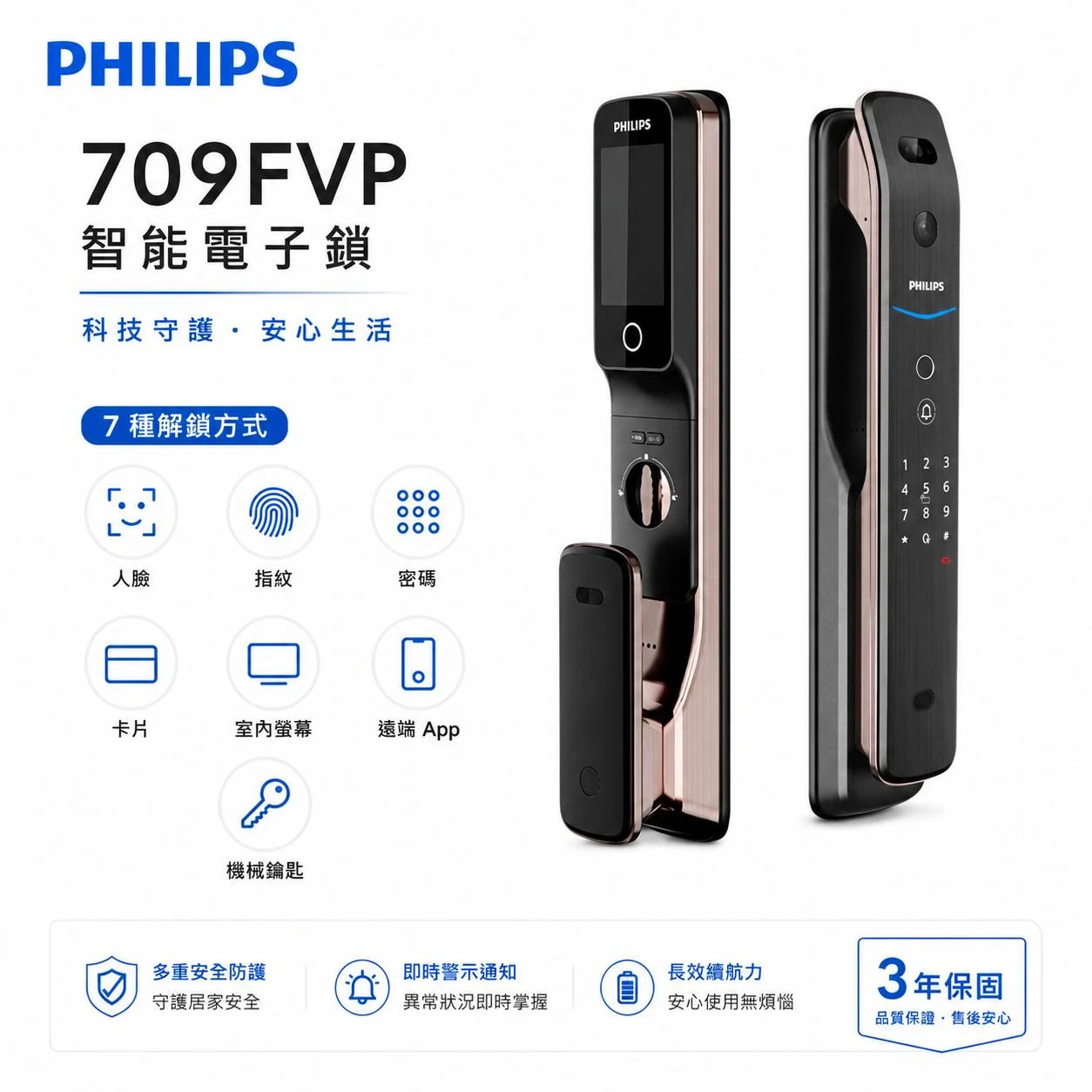 PHILPS飛利浦-709FVP 3D人臉識別/指紋解鎖/密碼解鎖/卡片感應/遠端APP/室內高清貓眼/緊急鑰匙