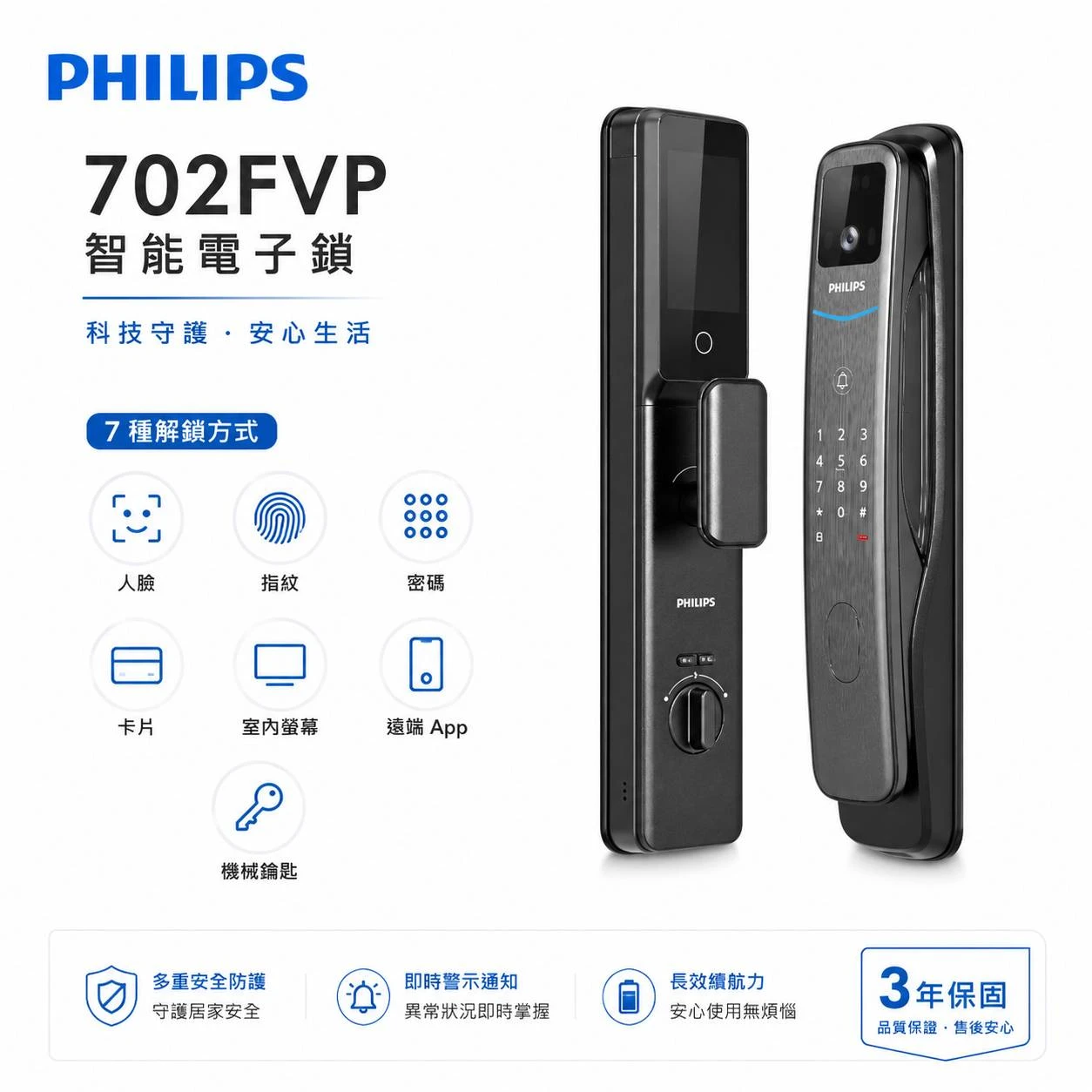 PHILPS飛利浦-702FVP 3D人臉識別/指紋解鎖/密碼解鎖/卡片感應/遠端APP/室內高清貓眼/緊急鑰匙