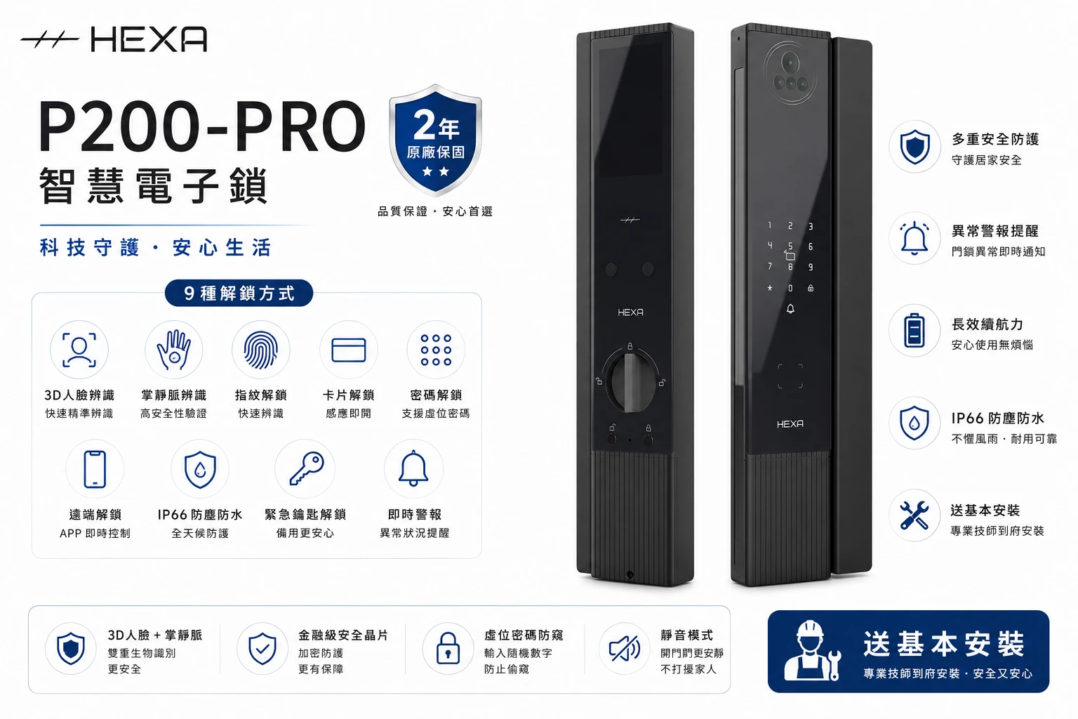 HEXAP-200 Pro 3D人臉識別/掌靜脈識別/指紋解鎖/密碼解鎖/卡片感應/遠端APP解鎖/緊急鑰匙/IP66防塵防水