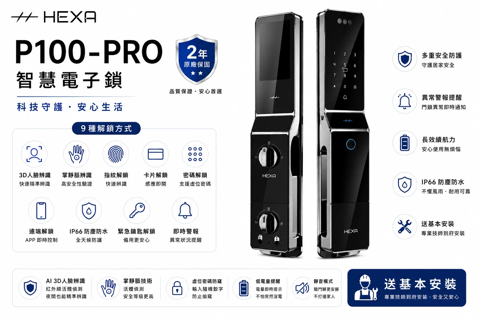 HEXAP-100 Pro 3D人臉識別/掌靜脈識別/指紋解鎖/密碼解鎖/卡片感應/遠端APP解鎖/緊急鑰匙/IP66防塵防水