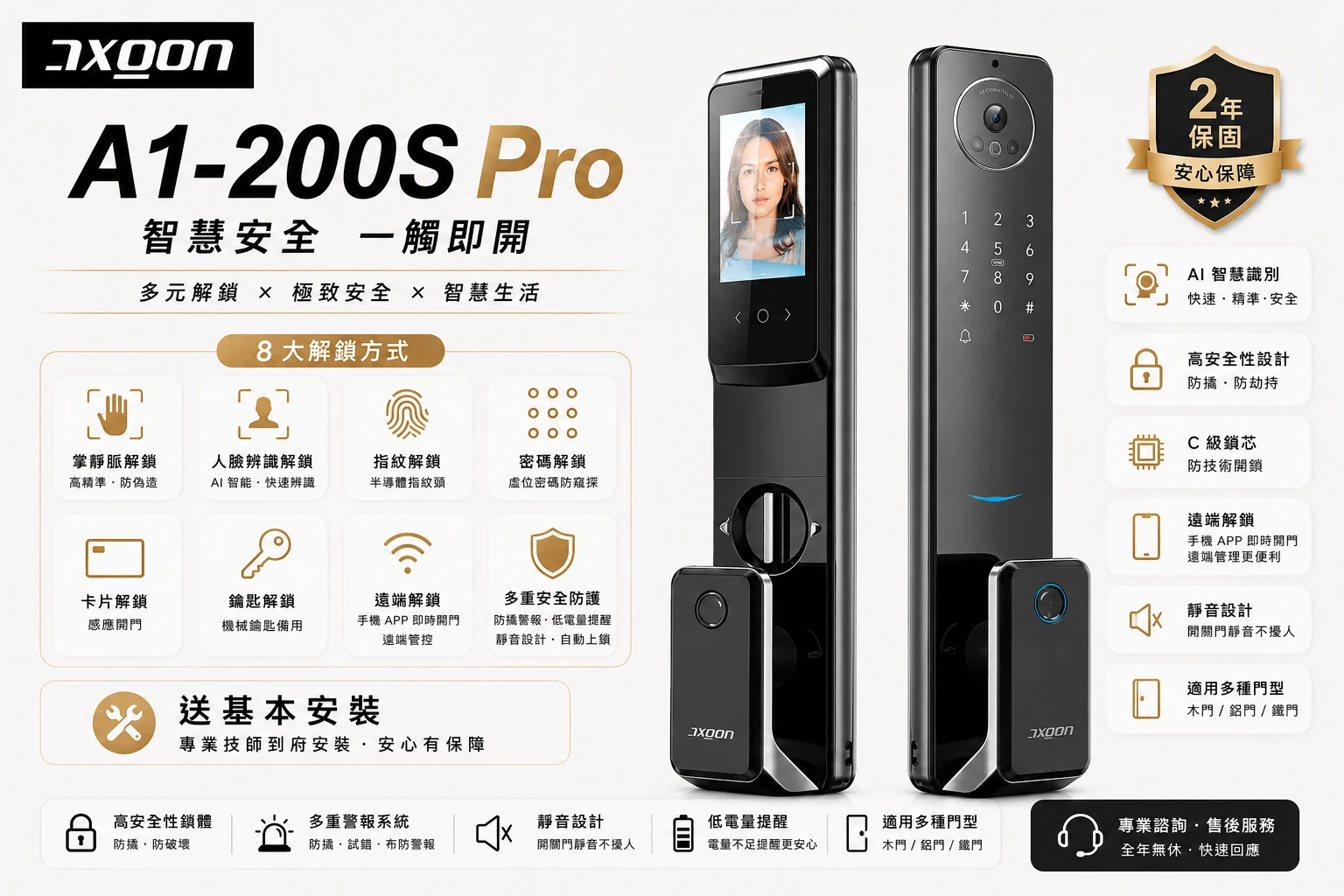 AXGON A1-200S Pro 掌靜脈/人臉辨識/指紋/密碼/卡片/鑰匙/遠端解鎖/臨時密碼/悠遊卡