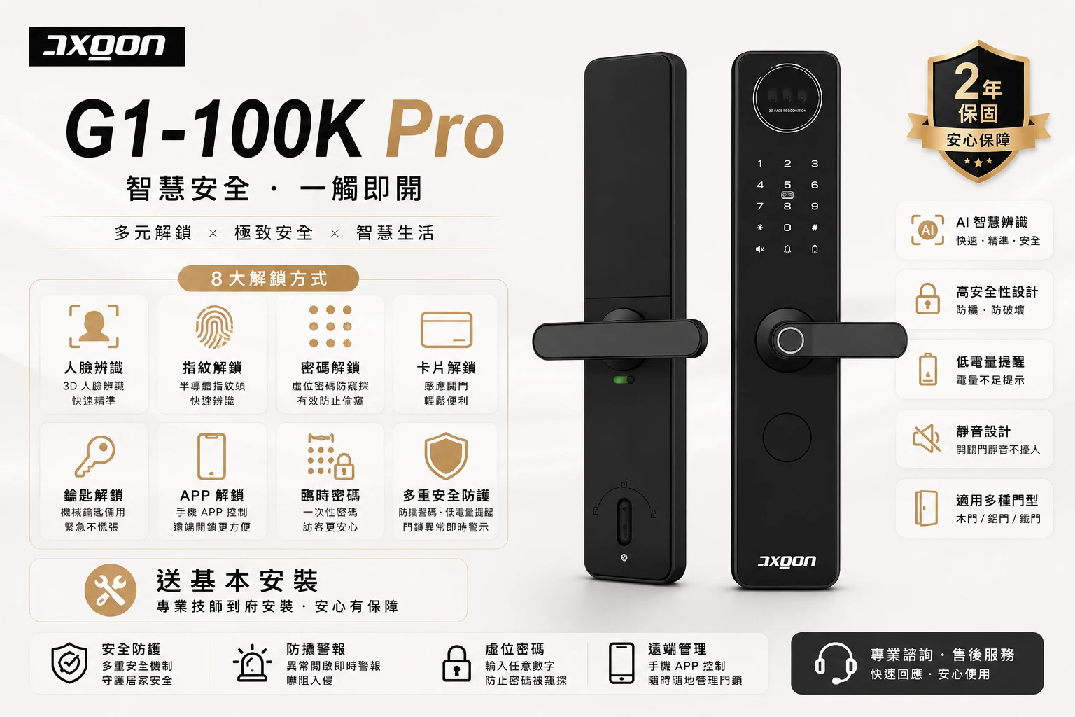 AXGON G1-100K 人臉辨識/指紋/密碼/卡片/鑰匙/遠端解鎖