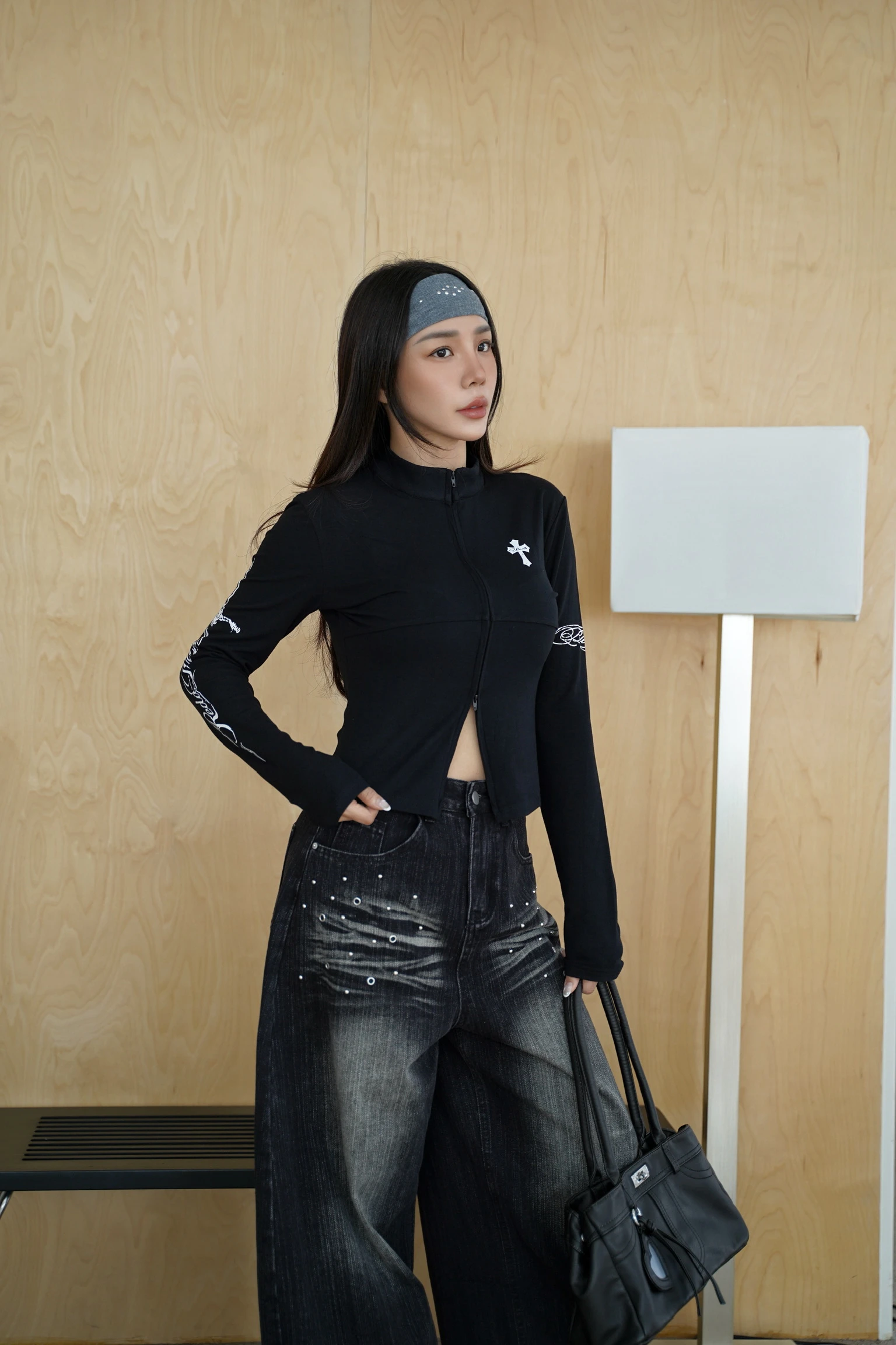 個性Y2K·十字架圖騰印花修身雙拉鍊外套 //1色