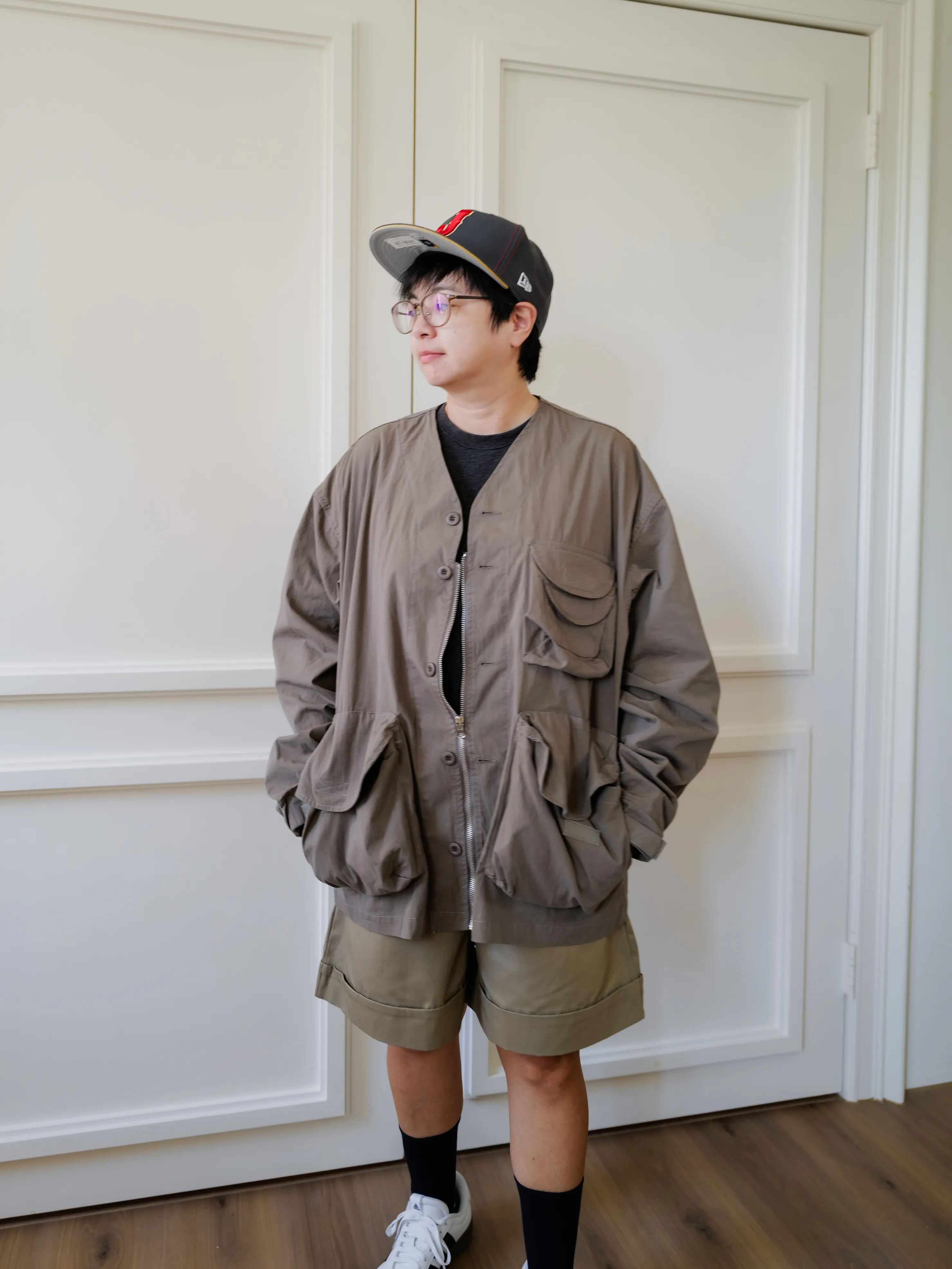 現｜多口袋無領襯衫外套-藕