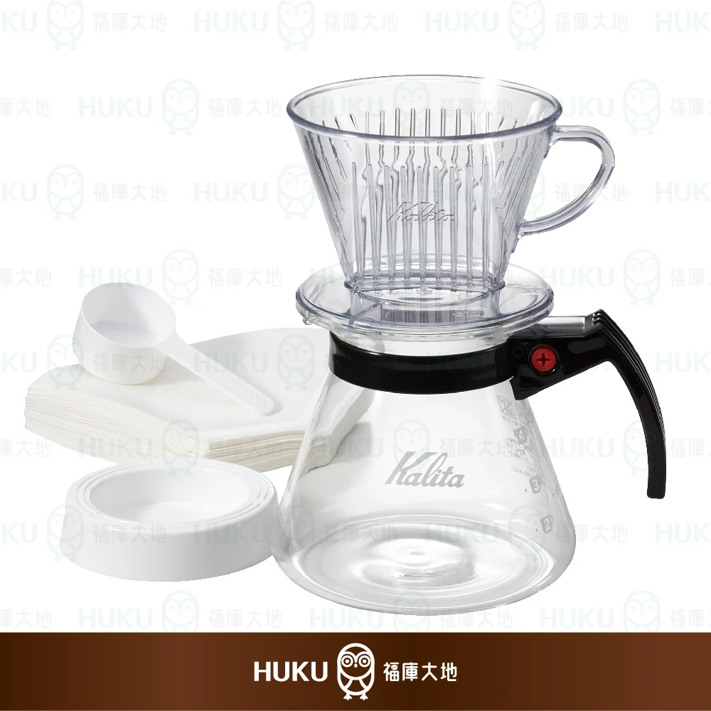 Kalita 102 傳統樹脂三孔濾杯超值組｜附500cc玻璃壺/102濾紙40入/咖啡匙/瀝水盤｜日本製