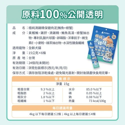 毛孩時代 極純滴雞精保健肉泥（鮪魚＋螃蟹）單條15g