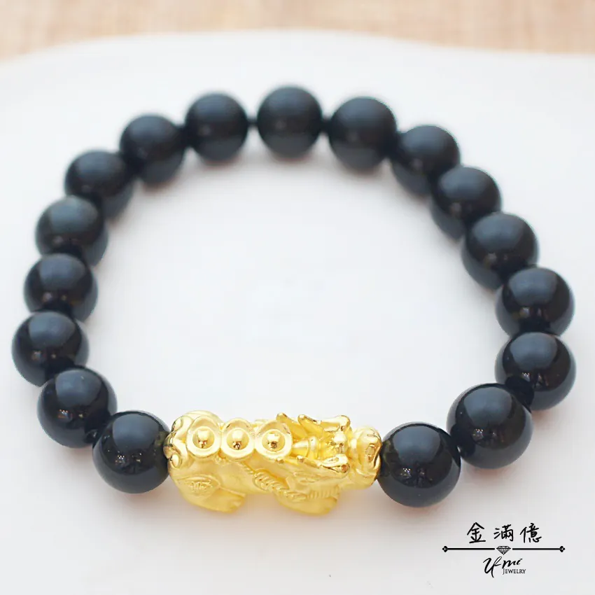 三顆金元寶黃金貔貅 - 黃金串珠手鍊