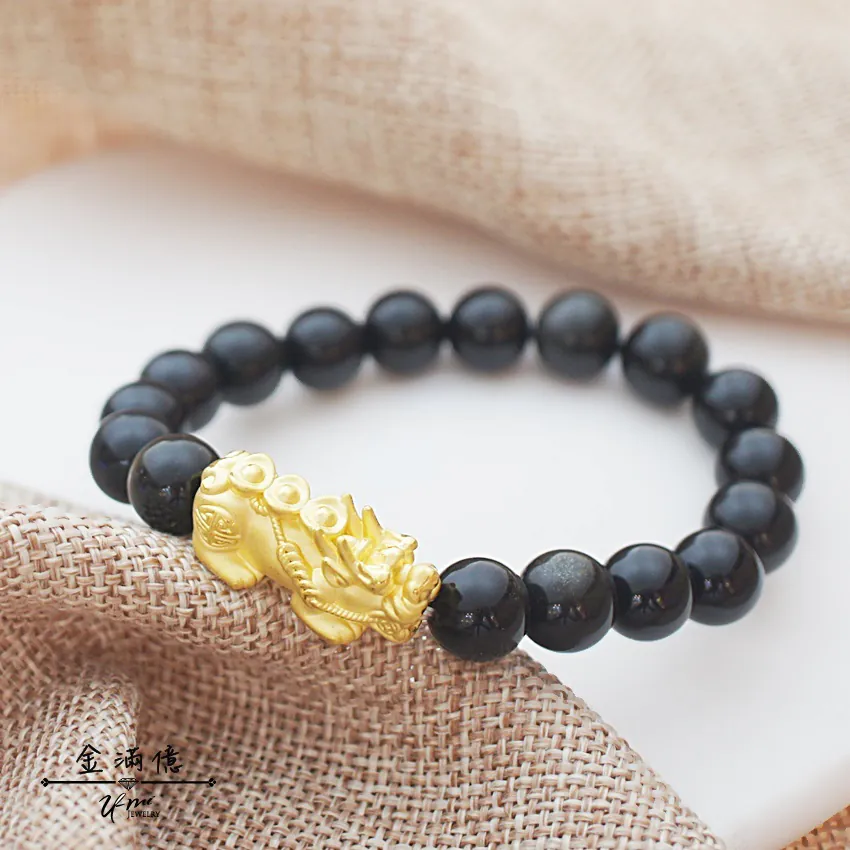 三顆金元寶黃金貔貅 - 黃金串珠手鍊