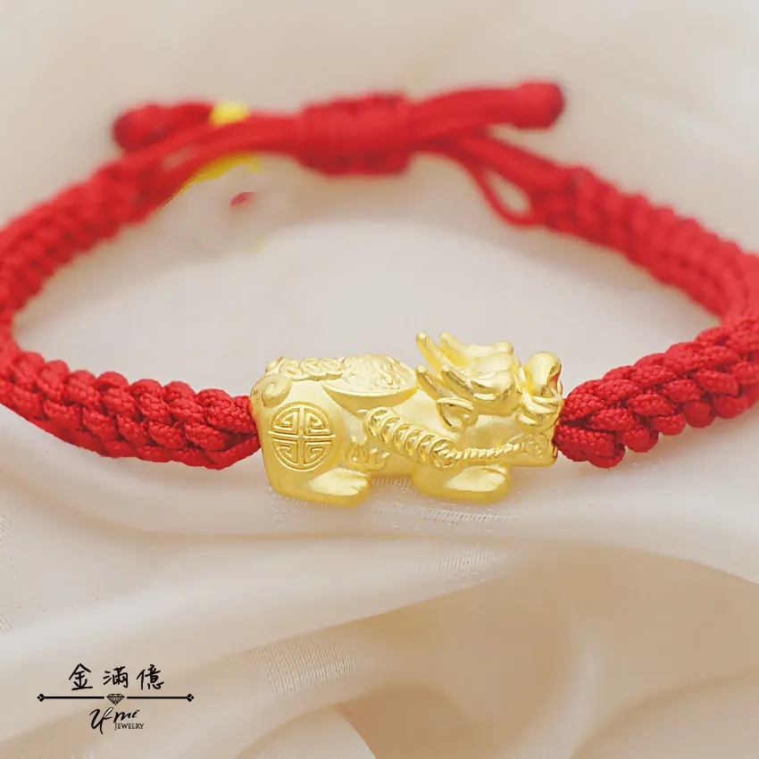 龍頭古錢造型 - 黃金貔貅手鍊|蠶絲蠟線編織手繩