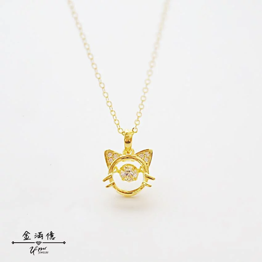 晃動鑽石-可愛貓咪造型黃金墜子- 黃金項鍊_01