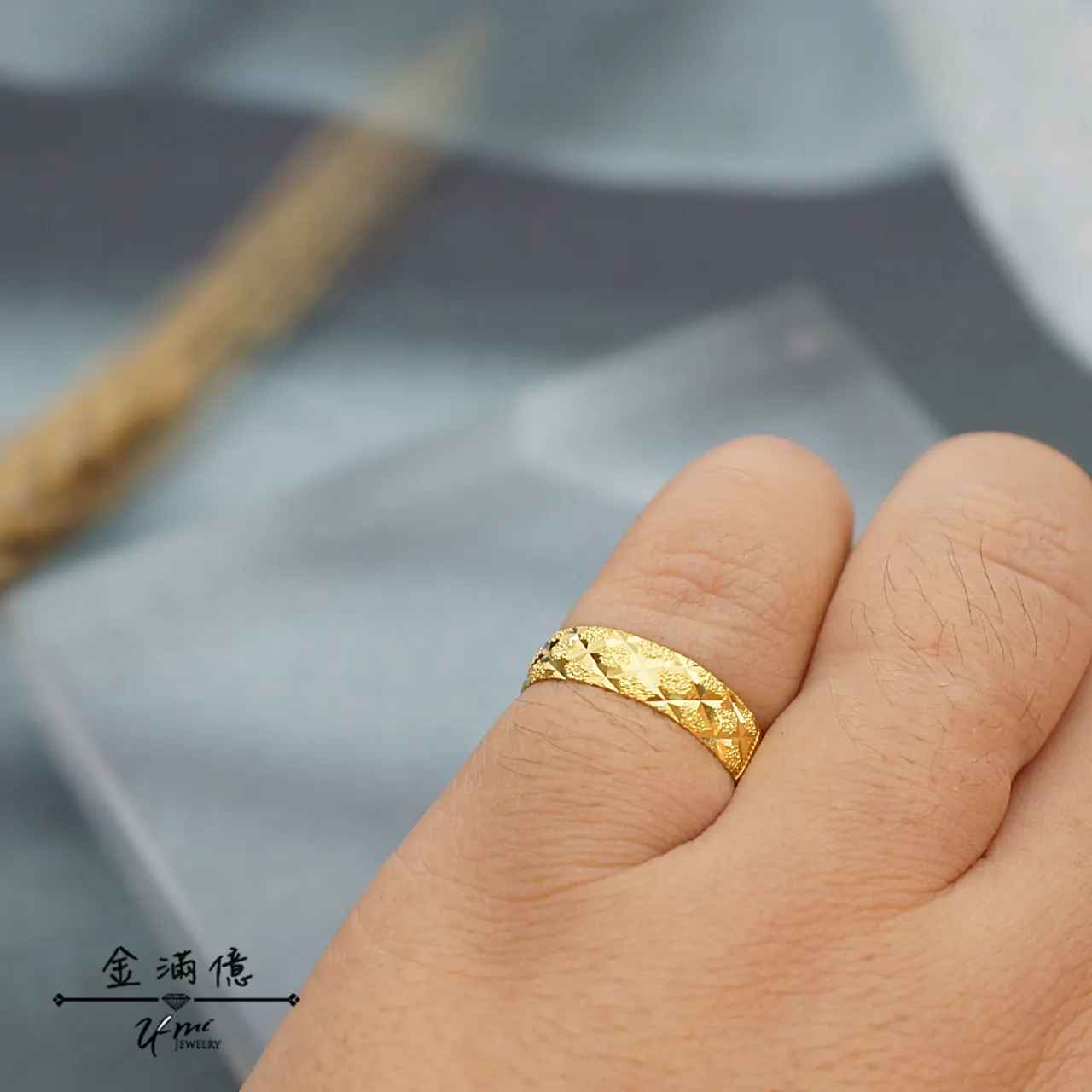 黃金戒指-刻花棋盤紋鑽砂-黃金男生戒指_03
