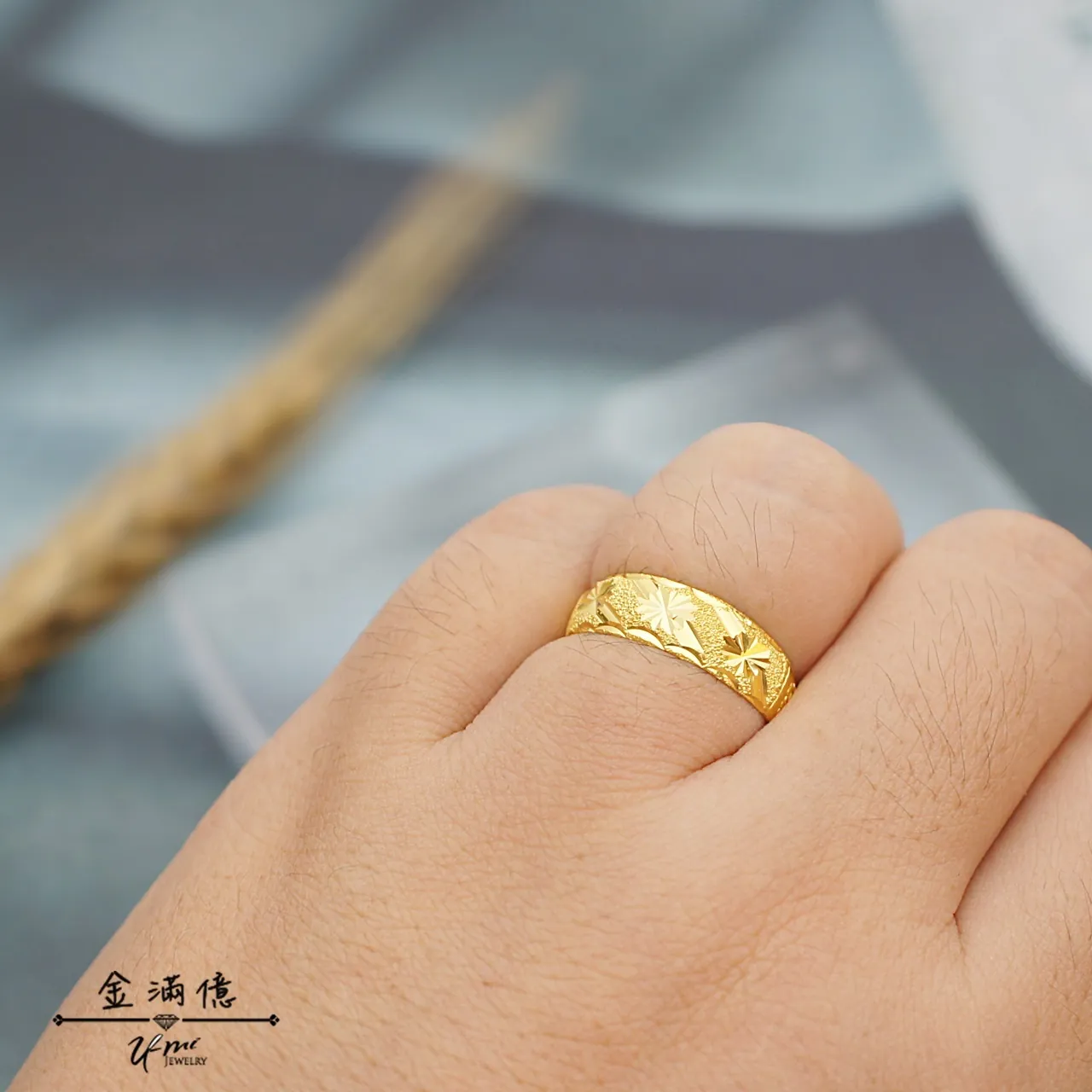 黃金戒指-刻花斜紋鑽砂-黃金男生戒指_03